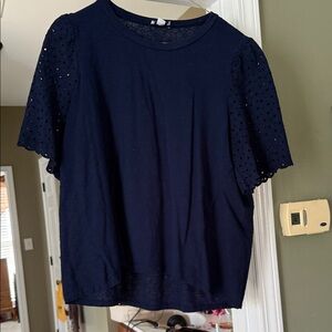 Crown & Ivy Navy Eyelet Sleeve Tee